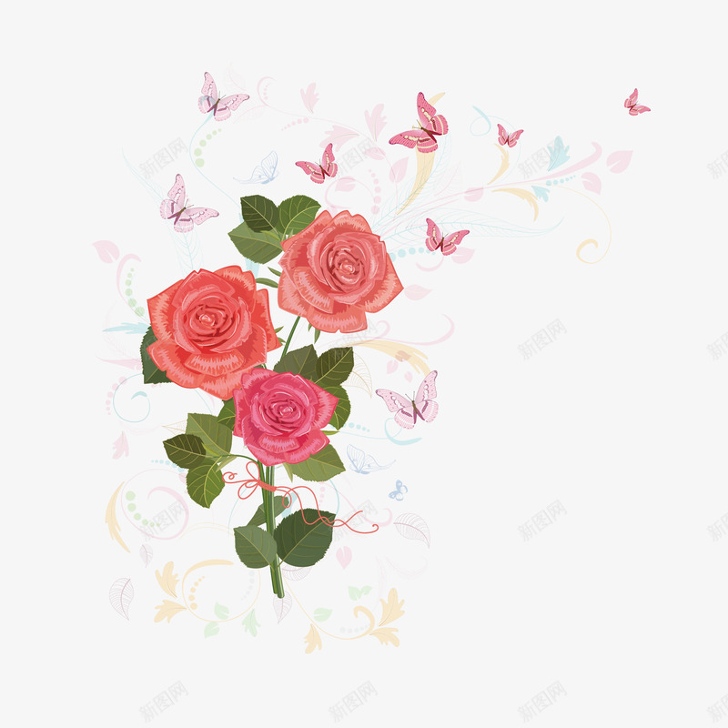 盛开的玫瑰png免抠素材_新图网 https://ixintu.com 叶子 纹蝴蝶 花纹 蝴蝶 鲜花