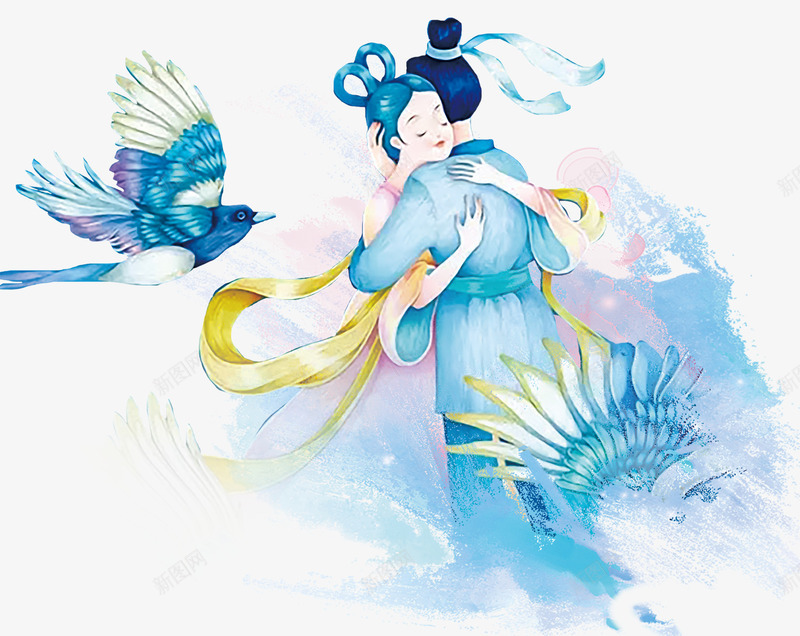 卡通牛郎织女鹊桥会png免抠素材_新图网 https://ixintu.com 卡通手绘 喜鹊 水彩 牛郎织女 相会 鹊桥会