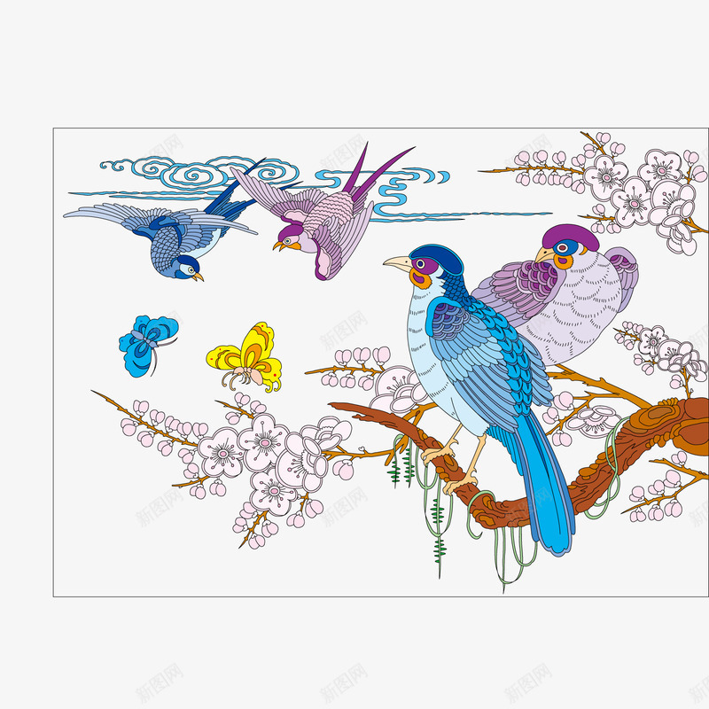 鸟类中国画png免抠素材_新图网 https://ixintu.com 中国画 彩色 树枝 绘画 鸟类