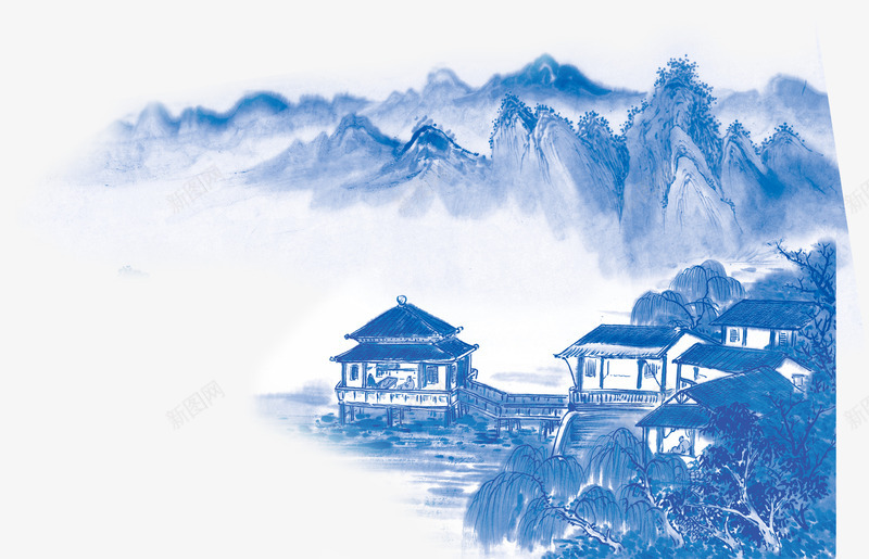 蓝色水墨画风景毛笔字png免抠素材_新图网 https://ixintu.com 毛笔字 水墨画 蓝色 风景