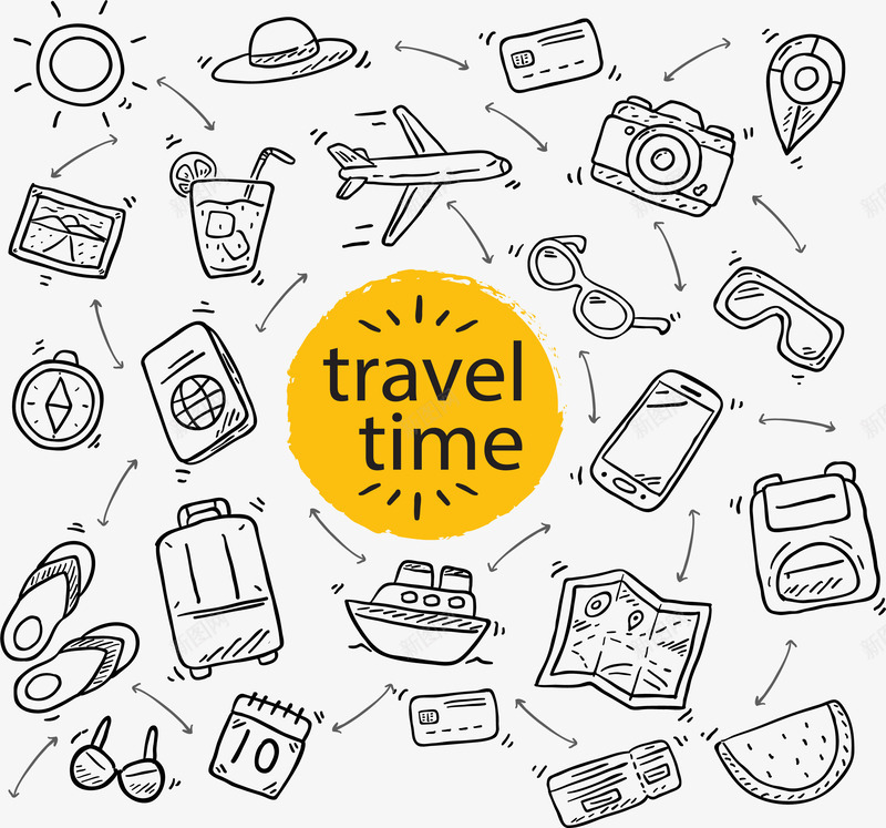 手绘旅行用品花纹矢量图eps免抠素材_新图网 https://ixintu.com 卡通花纹 手绘风 旅行时间 旅行用品 矢量素材 矢量图