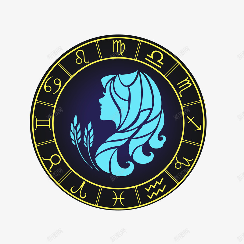 卡通处女座星座图标psd_新图网 https://ixintu.com 十二星座图案 十二星座标志 卡通图标 处女座 女孩头像 星座图标 稻穗 金色十二星座符号