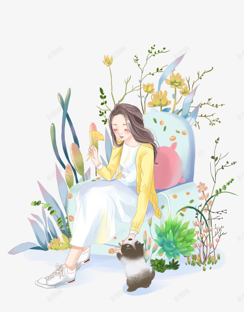 手绘插画小美女植物png免抠素材_新图网 https://ixintu.com 小美女 手绘 插画 植物