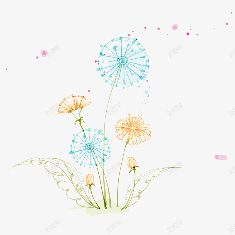手绘蓝色蒲公英png免抠素材_新图网 https://ixintu.com 小清新 手绘植物 背景装饰 蒲公英 蒲公英图 蓝色