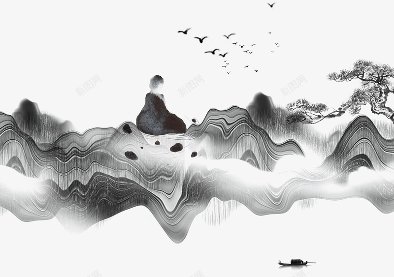 水墨中国风景插画png免抠素材_新图网 https://ixintu.com 中国画 中国风 古代 和尚 山水画 水墨 水墨中国 风景 风景插画