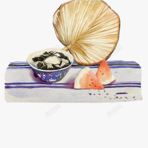 夏季食物手绘画片psd免抠素材_新图网 https://ixintu.com 桌布 皮蛋瘦肉粥 色彩画 蒲扇 西瓜