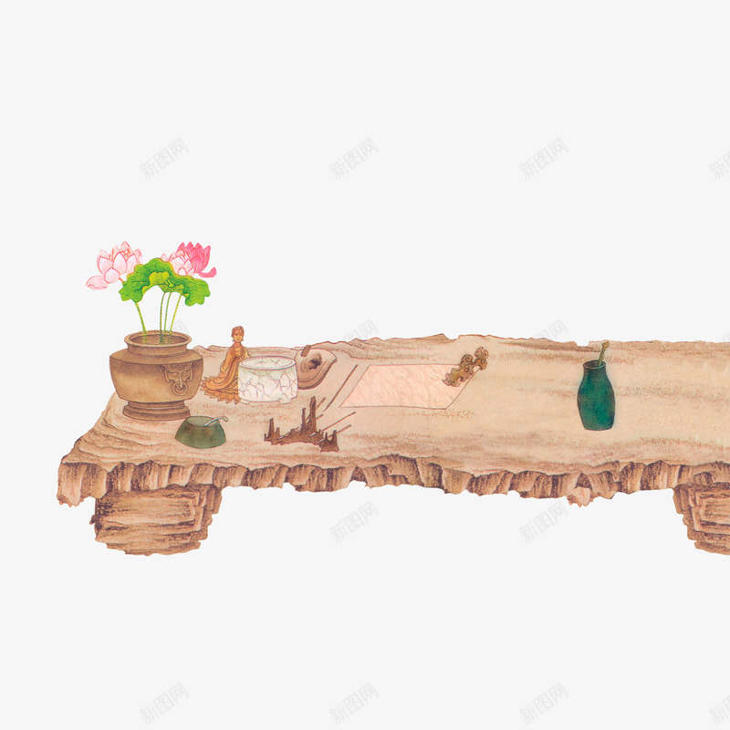 矮桌png免抠素材_新图网 https://ixintu.com 中式 矮桌 笔墨纸砚 花朵 花瓶 荷花