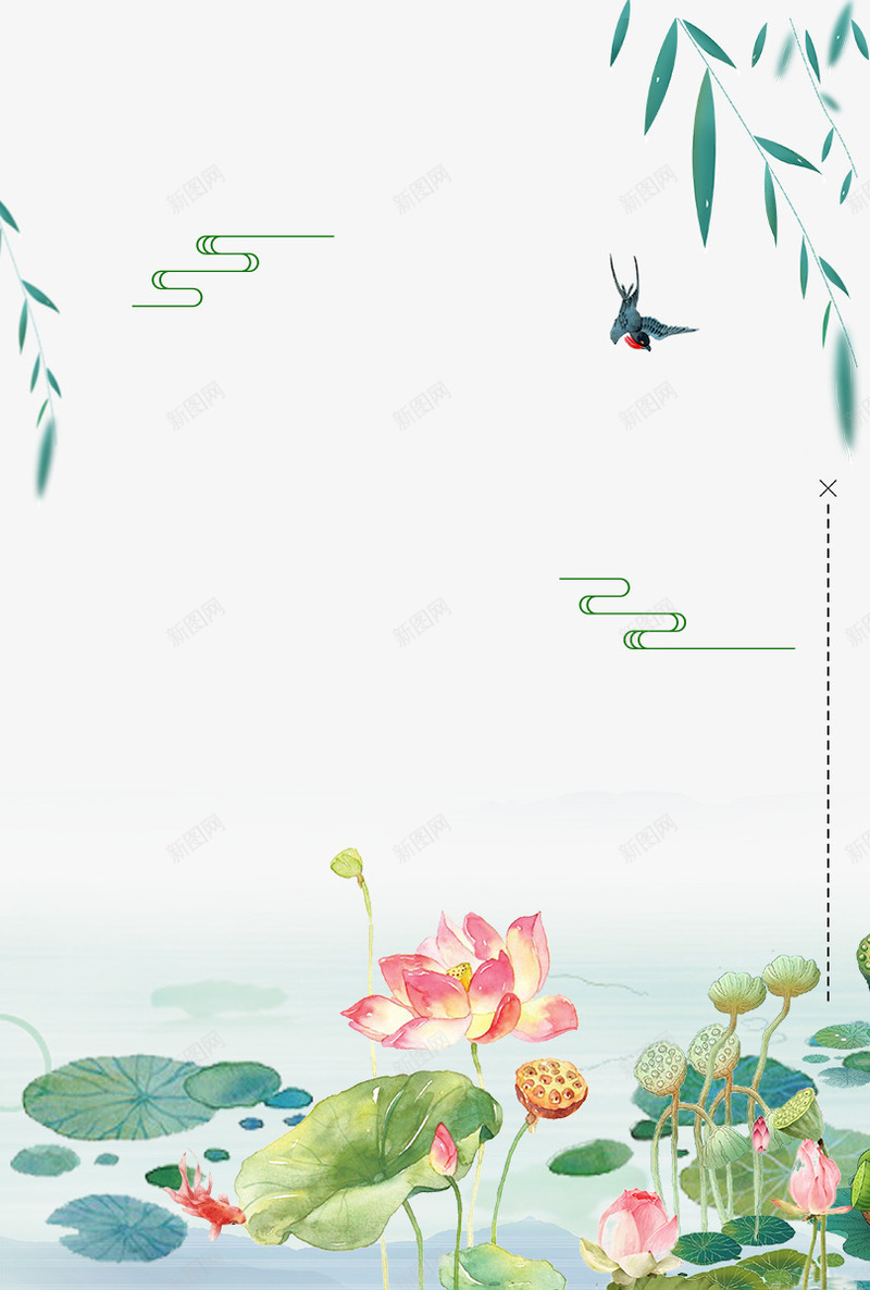 绿色手绘夏日海报边框psd设计背景_新图网 https://ixintu.com 夏天 夏日 夏至 手绘 柳叶 燕子 立夏 荷花荷叶满池塘 绿色 荷叶 荷花 边框