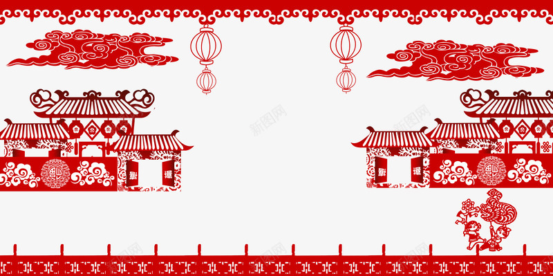 春节剪纸png免抠素材_新图网 https://ixintu.com 中国风 云 云雾边框 剪纸 房子 挥春 春节 灯笼 边框