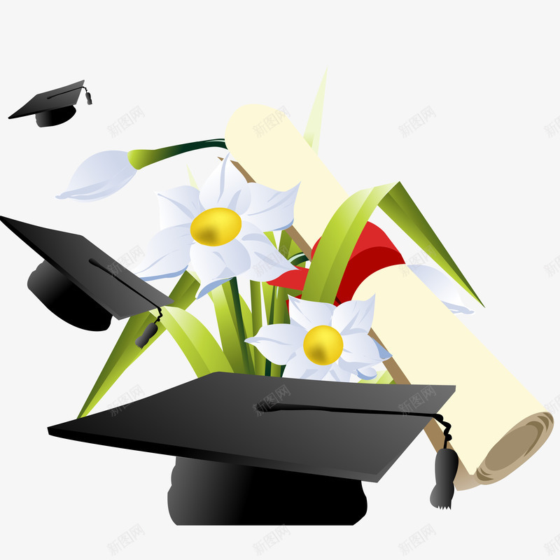 博士帽与花草矢量图ai免抠素材_新图网 https://ixintu.com 博士帽 博士帽与论文矢量素材 博士帽与论文素材 手绘博士帽 矢量图