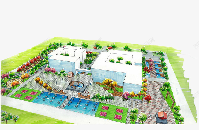 手绘绿色小区鸟瞰图png免抠素材_新图网 https://ixintu.com 公路 城市 小区鸟瞰图 建筑 手绘 插画 树木 楼房 河流 鸟瞰图