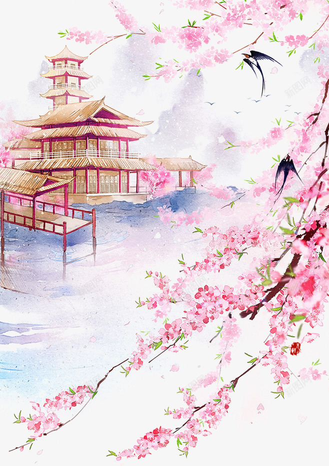 古风桃花png免抠素材_新图网 https://ixintu.com 亭子 古风 插画 桃花 水彩画 湖 燕子 粉色