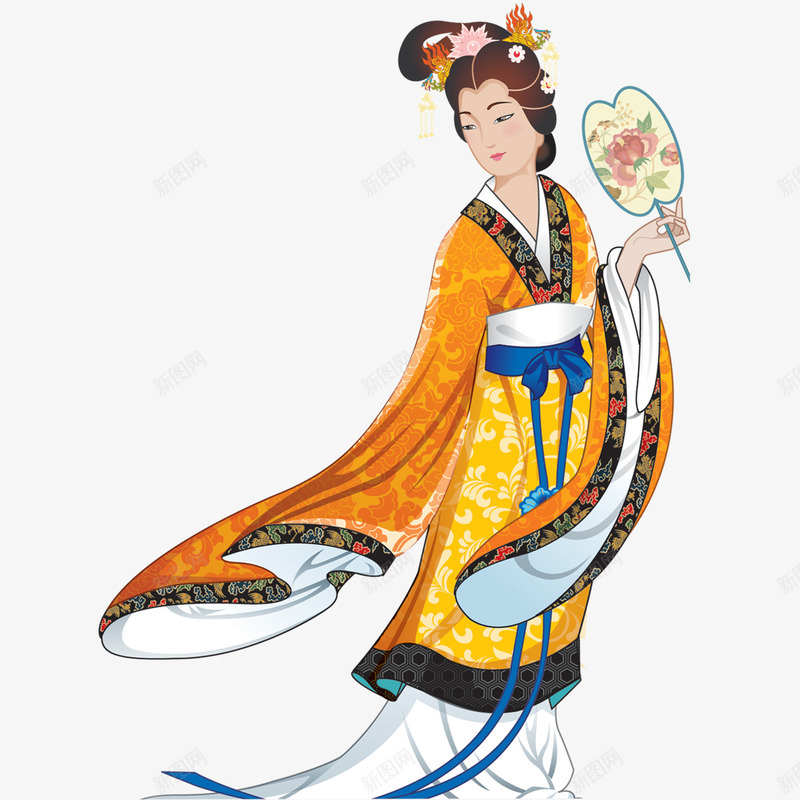 古代美女图png免抠素材_新图网 https://ixintu.com 仕女 古代美女图 扇子 黄色