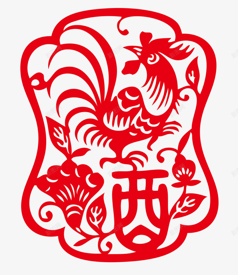 十二生肖鸡年剪纸png免抠素材_新图网 https://ixintu.com 公鸡 剪纸 窗花 红色 鸡年