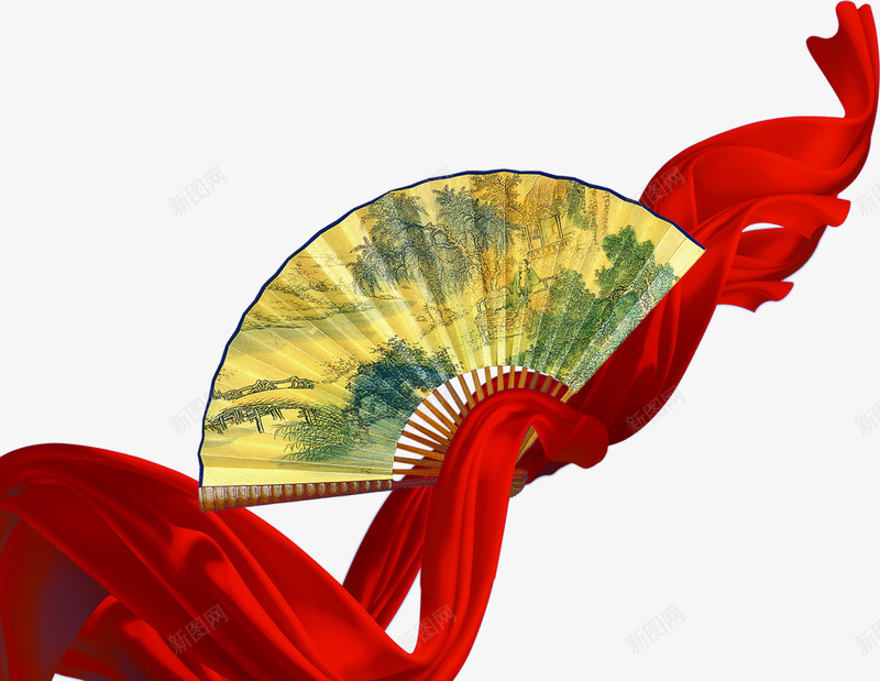 水彩飘带和复古扇子png免抠素材_新图网 https://ixintu.com 复古扇子 扇子 手绘图 折叠扇 红绸缎 纸扇