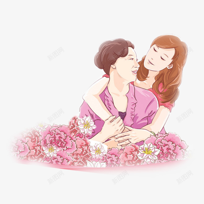 手绘粉色花朵母女png免抠素材_新图网 https://ixintu.com 母女 粉色 花朵