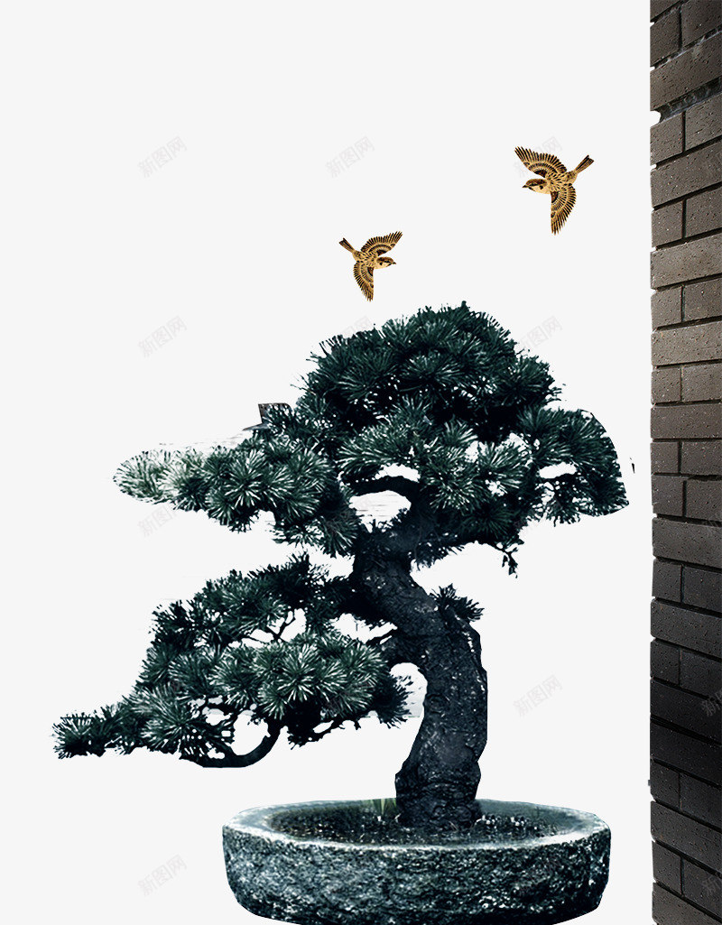 地产海报元素迎客松png免抠素材_新图网 https://ixintu.com 地产海报元素迎客松 小鸟 松树 石墙 砖墙