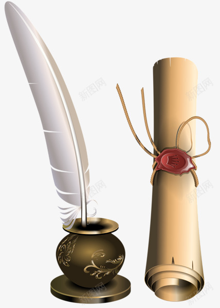 牛皮纸和鹅毛笔png免抠素材_新图网 https://ixintu.com 墨水 毛笔 纸