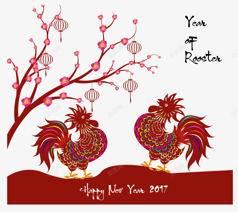 两只民族风花纹公鸡花卉灯笼png免抠素材_新图网 https://ixintu.com 中国风 春节元素 海报贺卡素材 红色 鸡年