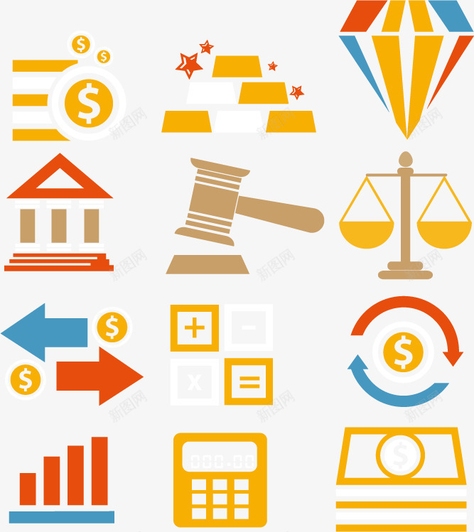 金融卡通图标png_新图网 https://ixintu.com 卡通图标 天平 天平砝码 彩色 数据图 水平称 矢量图标 美元 计算器 货币 金融商务 金融图标 钻石 银行