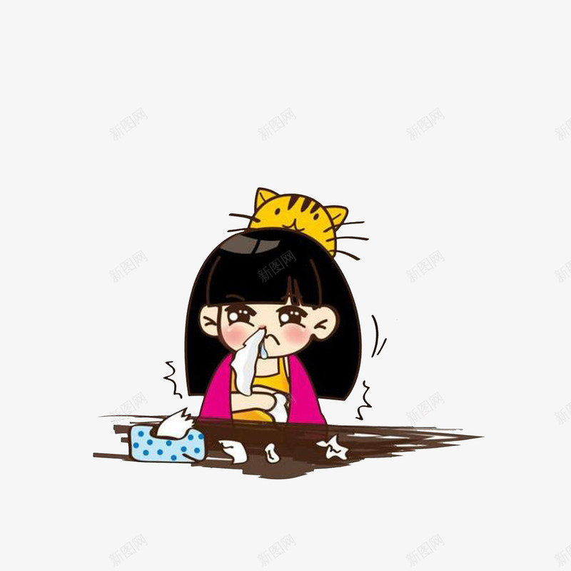 卡通感冒擤鼻涕的女孩png免抠素材_新图网 https://ixintu.com 头顶上的小猫 感冒发烧 感冒女孩 擤鼻涕 纸巾