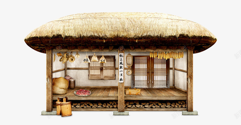 田园海报png免抠素材_新图网 https://ixintu.com 木屋 村屋 桶 田园风格元素 茅屋 茅舍 草屋 黄色草屋
