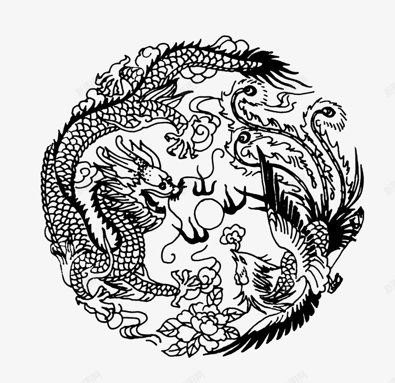 黑色龙凤纹样png免抠素材_新图网 https://ixintu.com 民间艺术 装饰纹样 黑色 龙凤