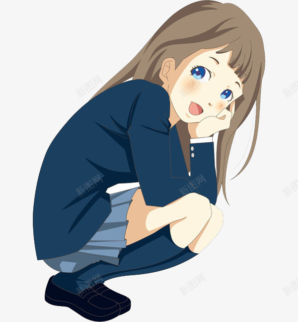 卡通可爱蹲着的女孩png免抠素材_新图网 https://ixintu.com 卡通 可爱 女孩 开心 蓝色 蹲下的女孩 蹲着 蹲着的女孩 长发 高兴
