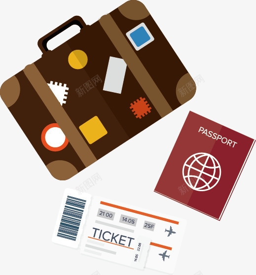 旅游装备png免抠素材_新图网 https://ixintu.com 扁平化 护照 旅行箱 机票
