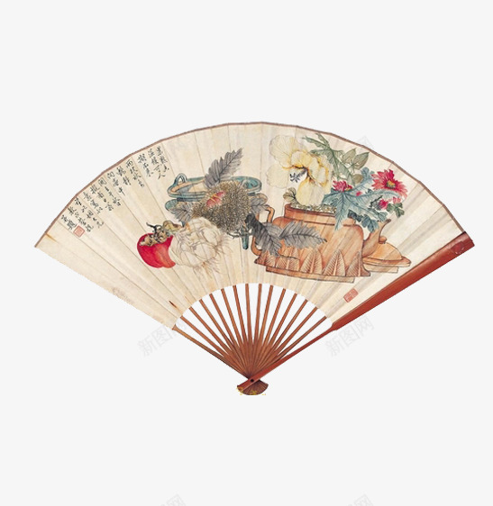 半开的扇子png免抠素材_新图网 https://ixintu.com 场景 扇子 花朵 茶壶 赋诗