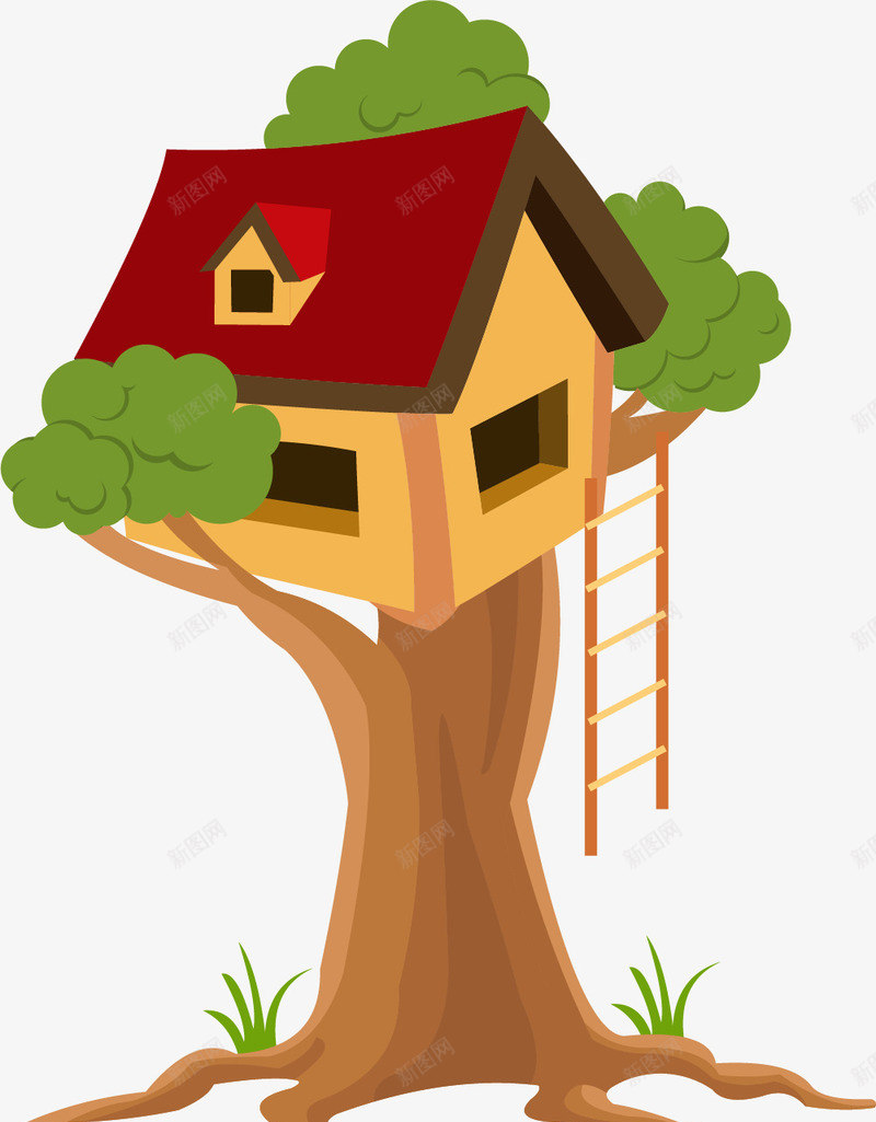 红色屋顶卡通风格木质树屋png免抠素材_新图网 https://ixintu.com 卡通树屋 卡通矢量树屋 卡通风格 扁平风格 木质 树上房屋 红色屋顶