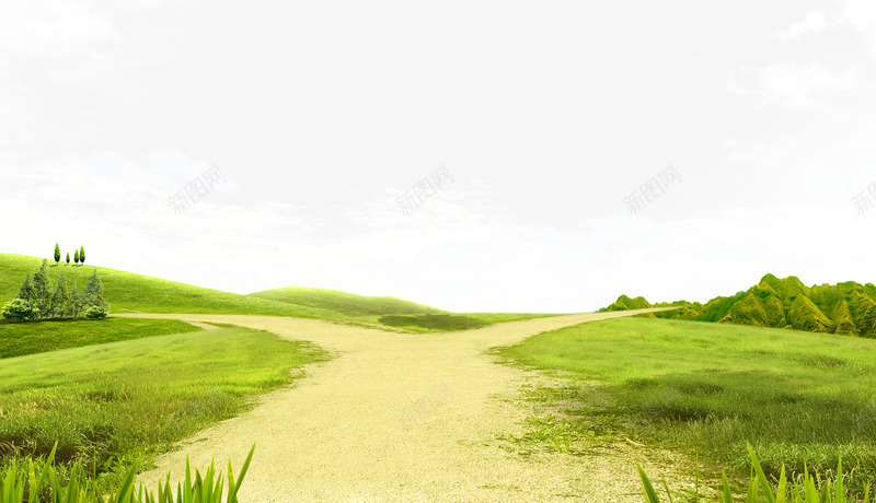 草地陆地海报背景png免抠素材_新图网 https://ixintu.com 树木 绿色 草地 路 黄色道路