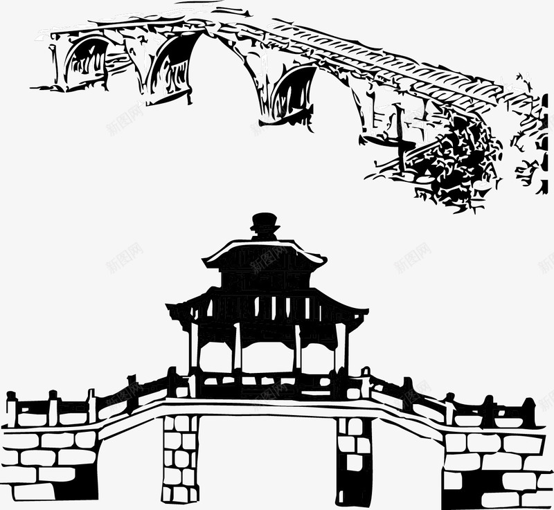 中国风桥梁亭子png免抠素材_新图网 https://ixintu.com 中国古亭 中国风 卡通手绘 平面装饰 矢量装饰 线条桥