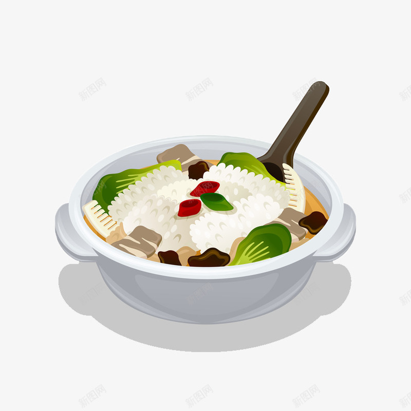 三鲜菜泡饭png免抠素材_新图网 https://ixintu.com 勺子 汤汁 汤碗 竹笋 米饭 美味 肉片 青菜