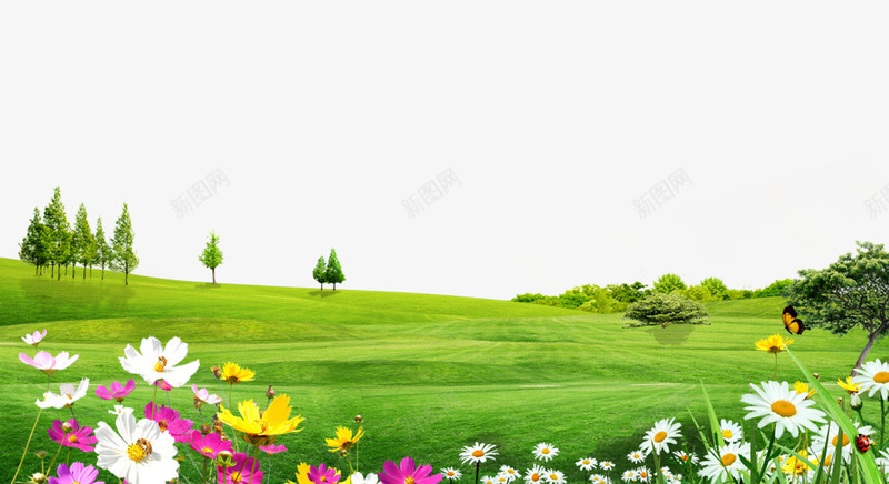 草地花朵树木风景png免抠素材_新图网 https://ixintu.com 树木 格桑花 自然风光png 青草