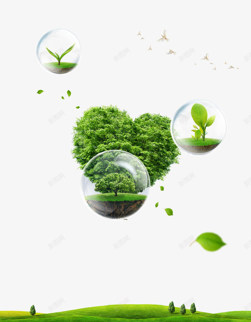 环保绿树草地psd免抠素材_新图网 https://ixintu.com PSD分层素材 心形 树 泡泡 环保 绿叶 绿色 草地