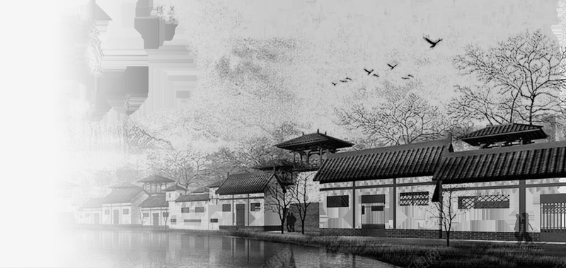 灰色中国风水墨房屋png免抠素材_新图网 https://ixintu.com 国风 房屋 水墨 灰色