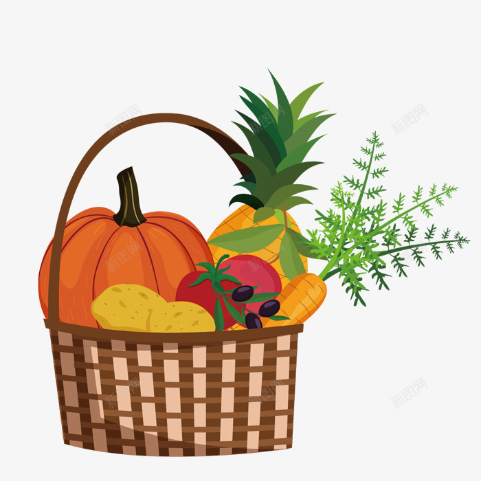 蔬菜篮子png免抠素材_新图网 https://ixintu.com 南瓜 卡通 手绘 棕色 橘色 简图 篮子 绿色 蔬菜