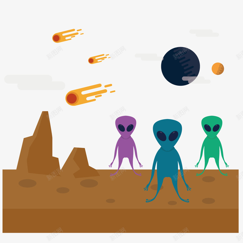 灰色外星人矢量图ai免抠素材_新图网 https://ixintu.com 人 外星人 太空生物 星球 流星 灰色 白云 矢量图 科技 表面