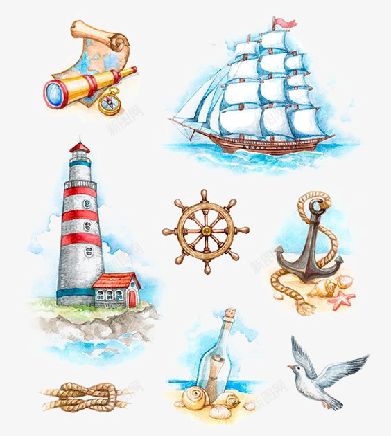 卡通航海图标png_新图网 https://ixintu.com 创意 帆船 望远镜 灯塔 航海地图 铁锚
