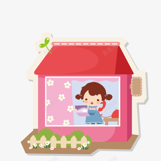 房间中的女孩矢量图ai免抠素材_新图网 https://ixintu.com 女孩 小花 房子 栅栏 矢量图