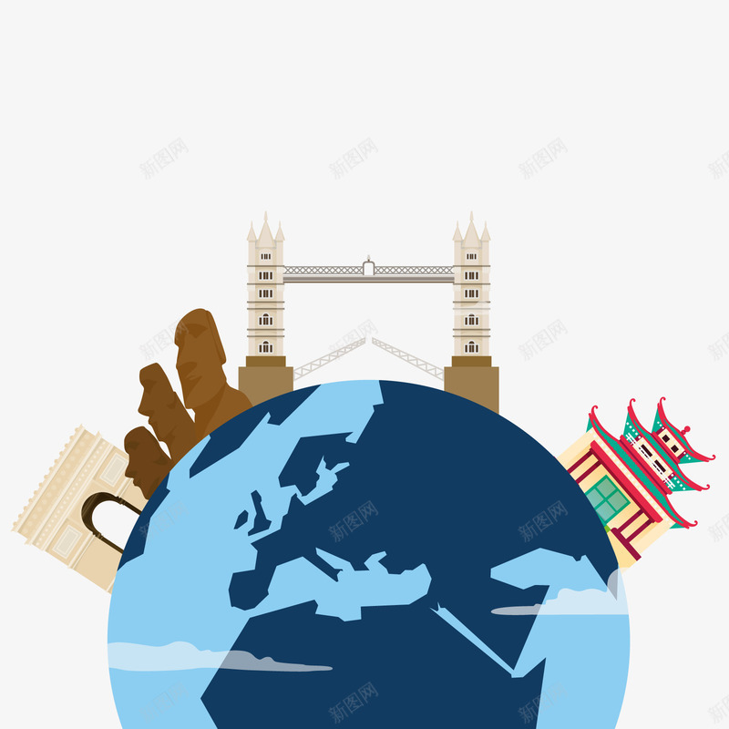 旅游世界地图矢量图ai免抠素材_新图网 https://ixintu.com PNG免抠图下载 凯旋门 卡通 古迹 名胜 度假 建筑 矢量图