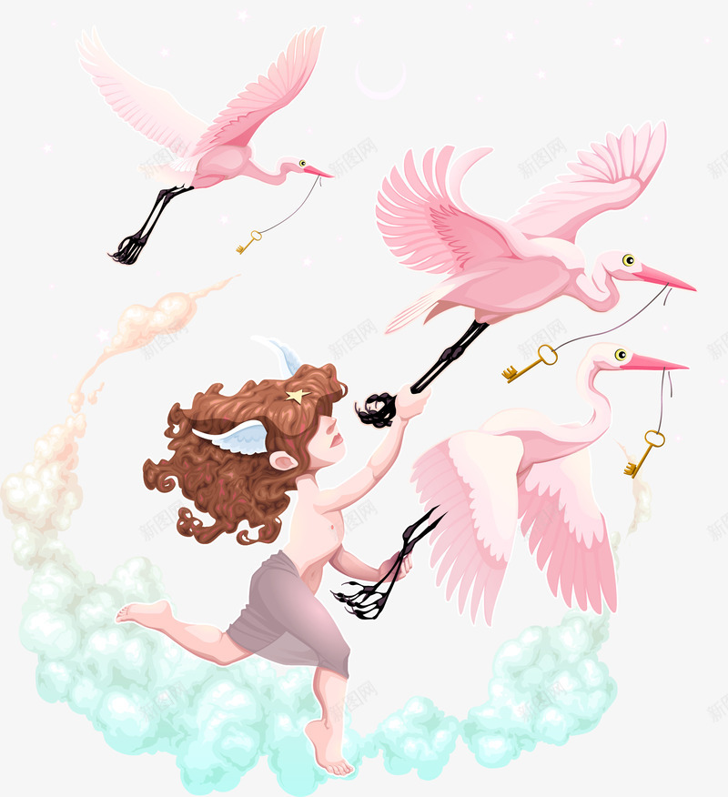 手绘抓住鸟的孩子png免抠素材_新图网 https://ixintu.com 创意 卡通 奔跑 孩子 手绘 粉色 送子鸟 鸟