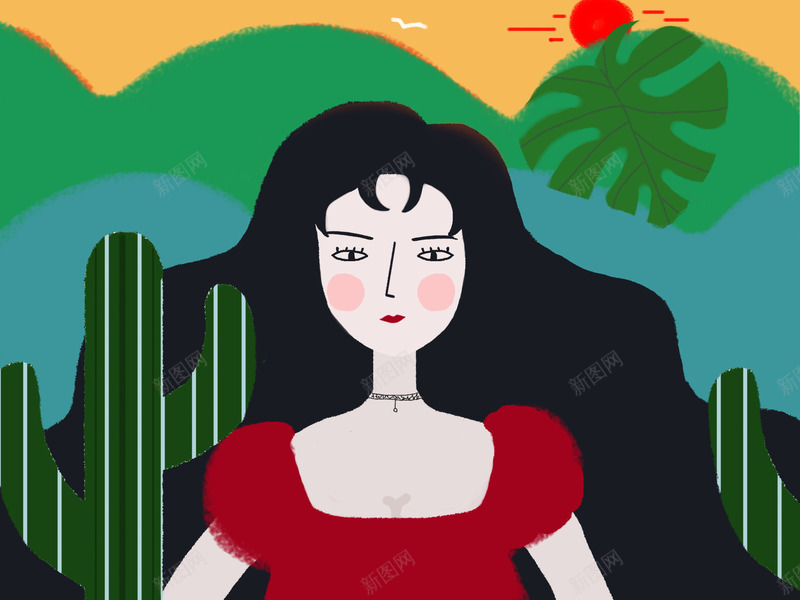 插画女孩封面png免抠素材_新图网 https://ixintu.com banner 仙人掌 太阳 女孩 山 插画