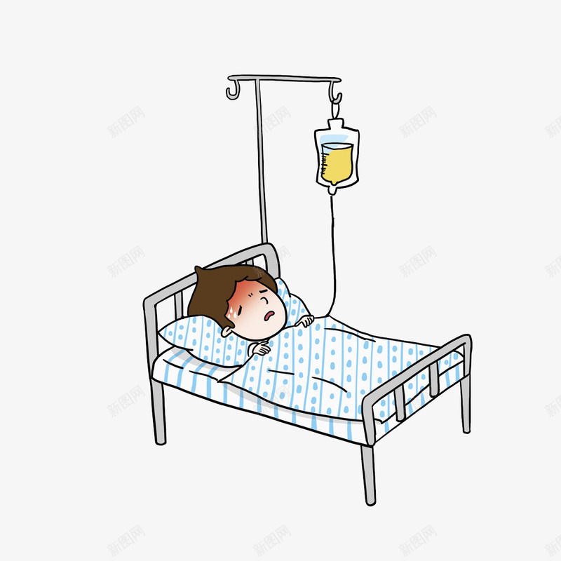 卡通输液的男孩png免抠素材_新图网 https://ixintu.com 卡通 挂吊针 树叶 生病的 生老病死 男孩 病床 躺平卡通 躺着的 难受的
