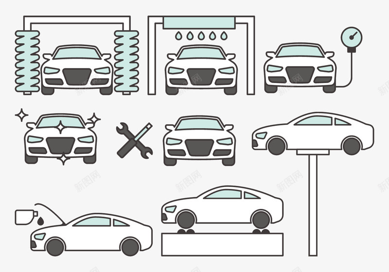 洗车组图矢量图eps免抠素材_新图网 https://ixintu.com 小车 洗车 洗车工具 自动洗车 矢量图
