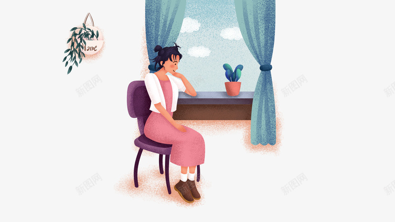 卡通手绘坐在椅子上看风景的psd免抠素材_新图网 https://ixintu.com 上看风景的女孩 免抠卡通手绘坐在椅子上看风景的女孩免费下载 卡通 坐在椅子 手绘 窗帘装饰 窗户 花盆装饰