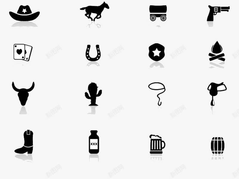 牛仔用品图标png_新图网 https://ixintu.com 仙人掌 水杯 牛仔帽 皮靴 篝火 马匹 马车