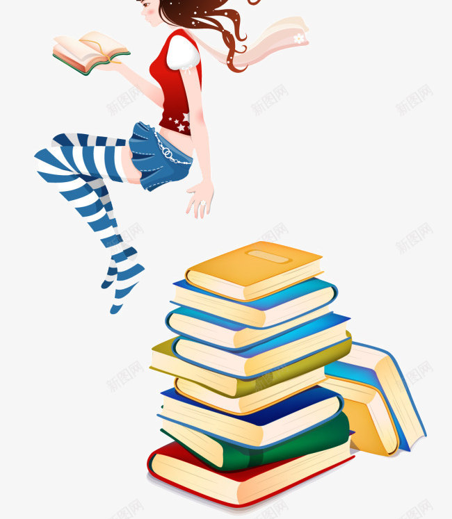 卡通手绘读书少女psd免抠素材_新图网 https://ixintu.com 书本 坐着 手绘读书少女 读书