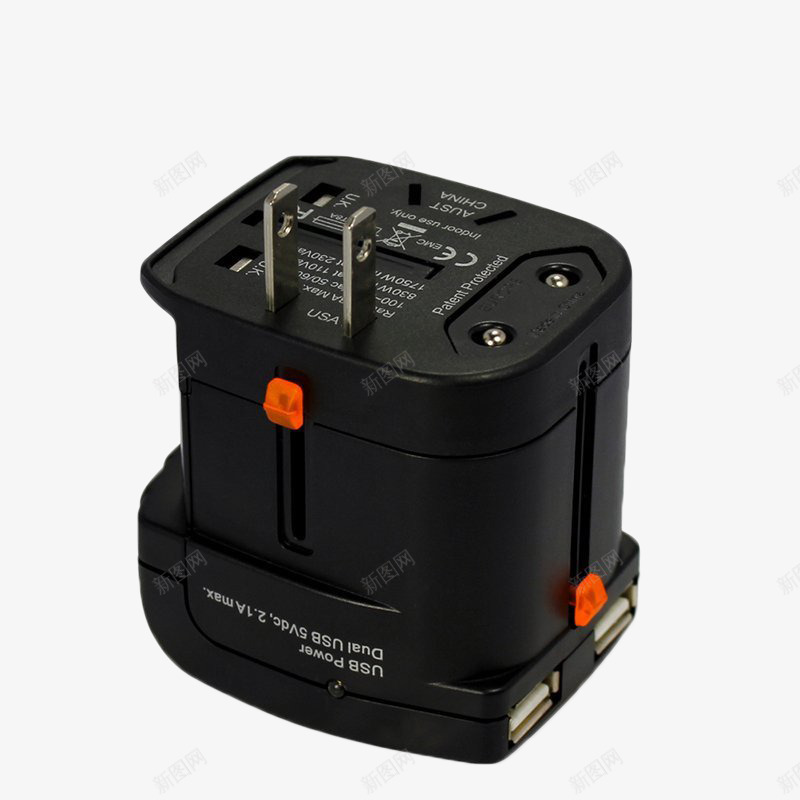 多用电源转换器png免抠素材_新图网 https://ixintu.com 产品实物 出国旅行插座 双USB接口充电 插座 转换插头 黑色